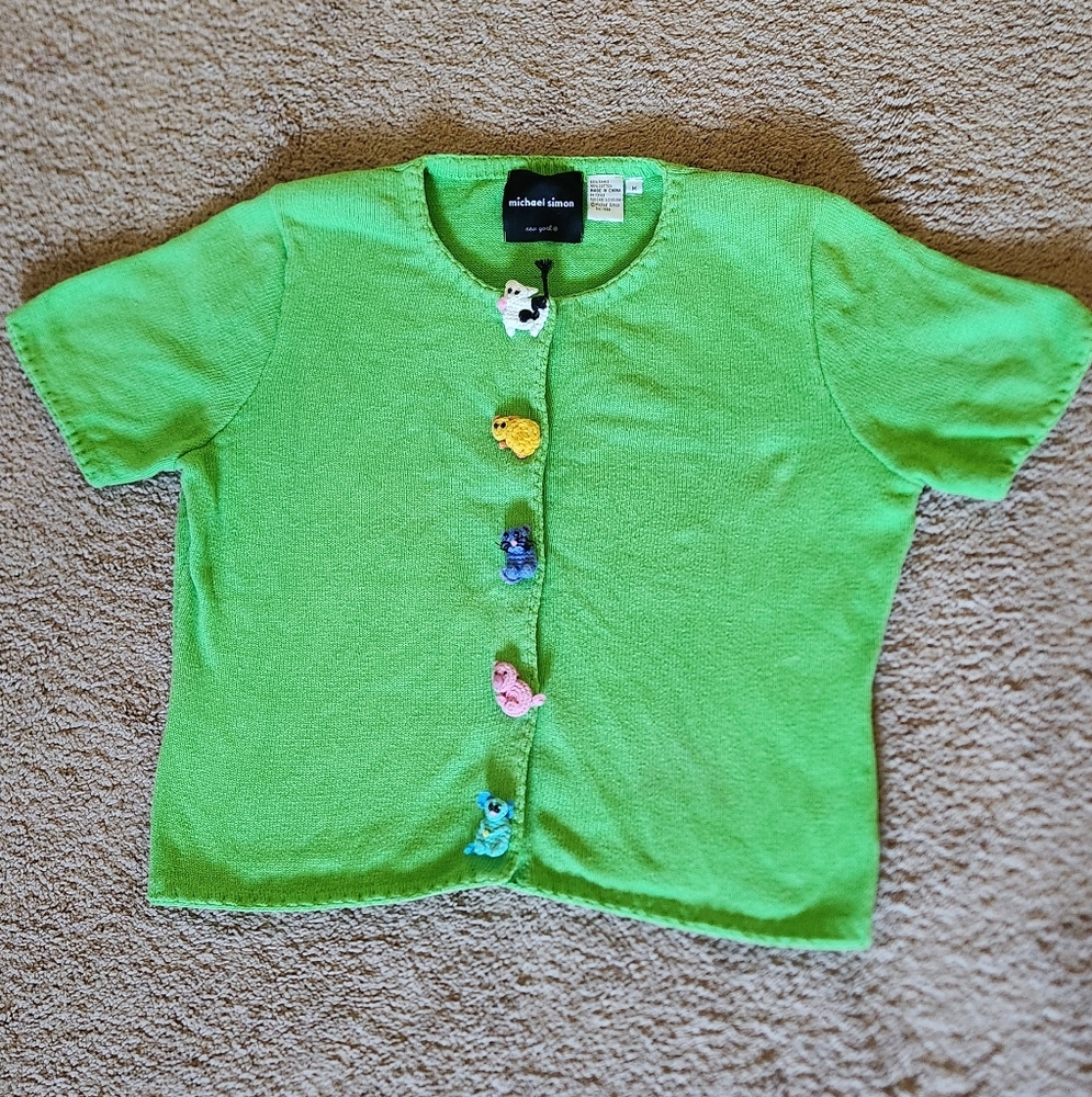 Vtg Michael Simon Kelly Green Cotton Farm Animals Cardigan Yarn Zoo Spring Med - Picture 4 of 8